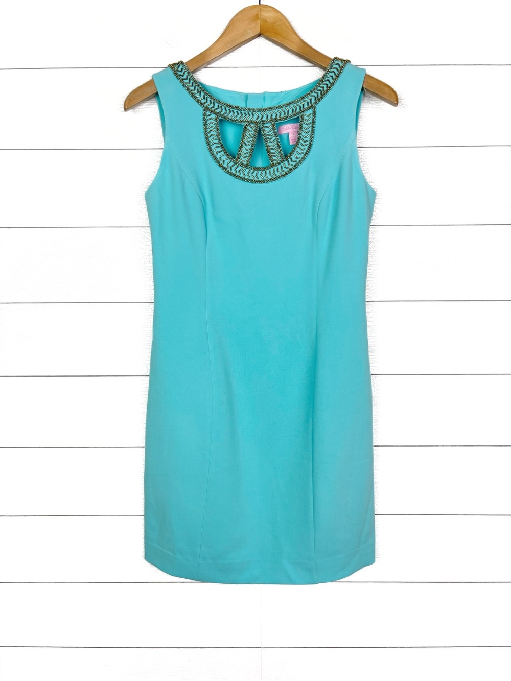 Lilly Pulitzer Lane Shift Dress Turquoise Blue Beaded Cutout Sleeveless 4